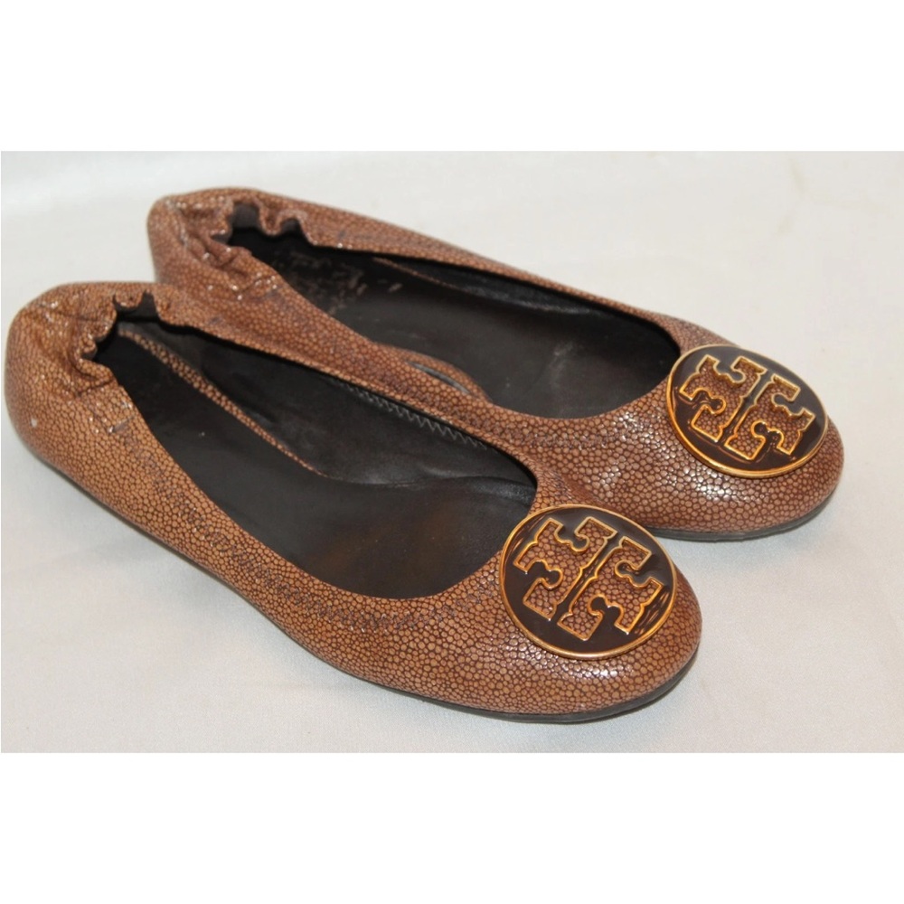 Tory Burch REVA Coconut Brown Stingray Brown Leather Logo Ballet Flats